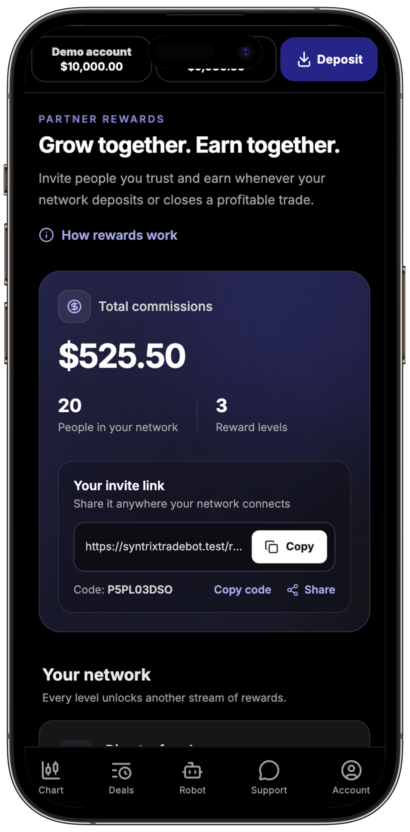 Screenshot of the partner rewards dashboard showing total commissions and an invite link