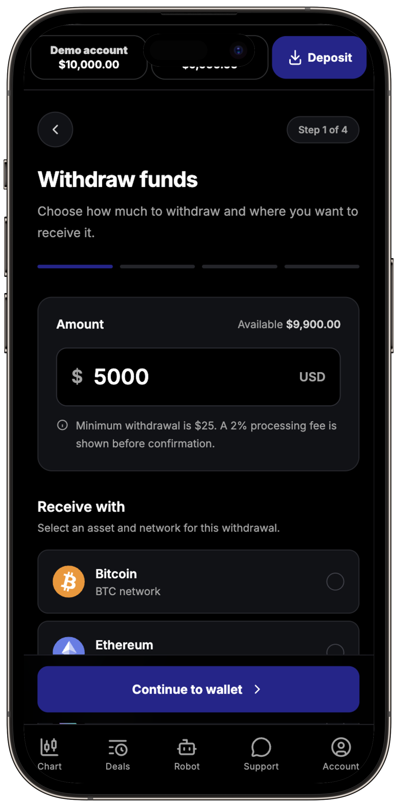 Screenshot of the withdraw funds screen showing amount entry and withdrawal network selection